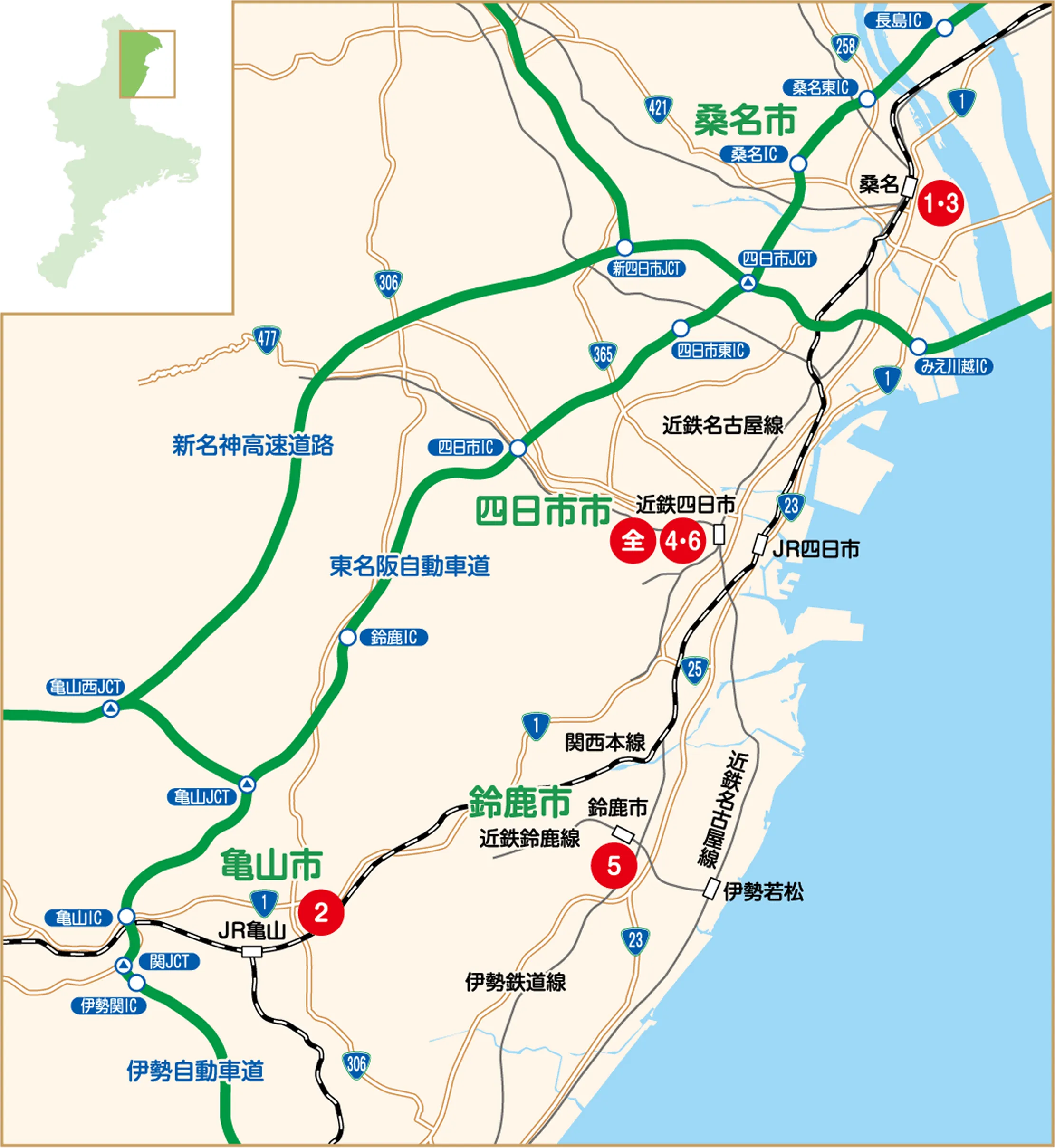 三重県北部の会場位置図。北の桑名市に第1・第3分科会の会場位置、中央の四日市市に全体会と第4・第6分科会の会場位置、南の鈴鹿市に第5分科会の会場位置、南西の亀山市に第2分科会の会場位置がある。