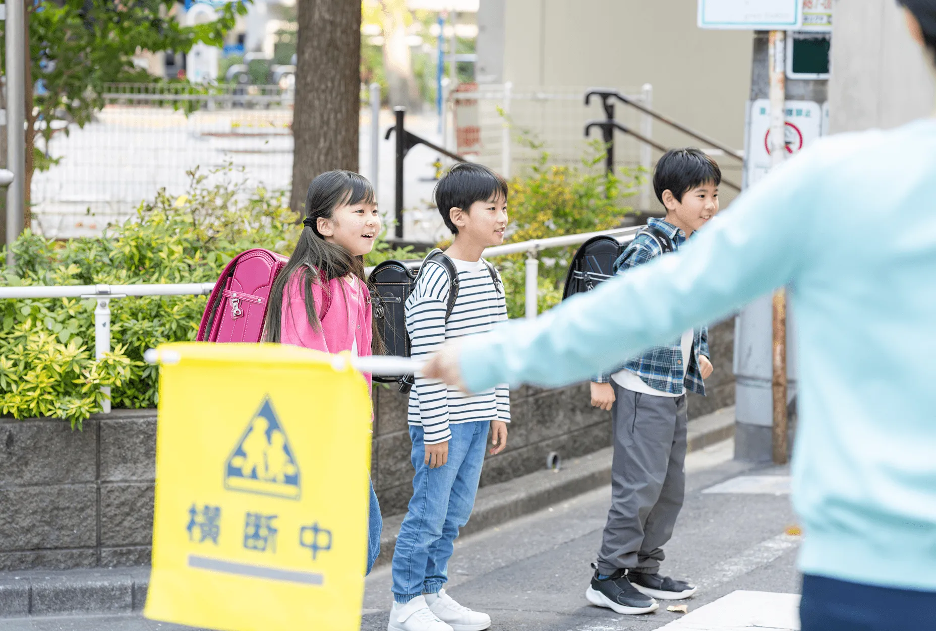 横断中の黄色い旗の前で、横断歩道を待つランドセルの子どもたち